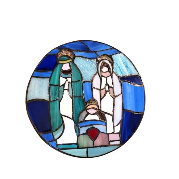 Stained Glass Nativity Scene Handcrafted Round Hanging Creches 11.25" Blue - Picture 1 of 5